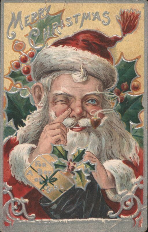 Winking Santa Claus with Pipe, Christmas Gift, and Holly