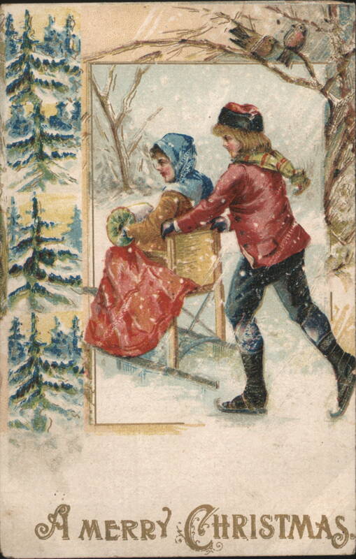 Children Sleigh Riding in Snow, A Merry Christmas