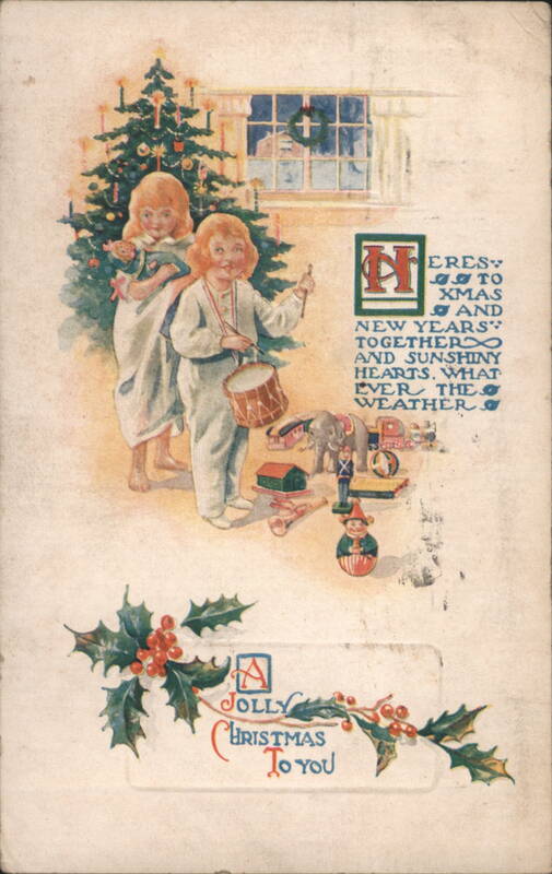 Jolly Christmas Children with Toys and Tree, Holly and Wreath