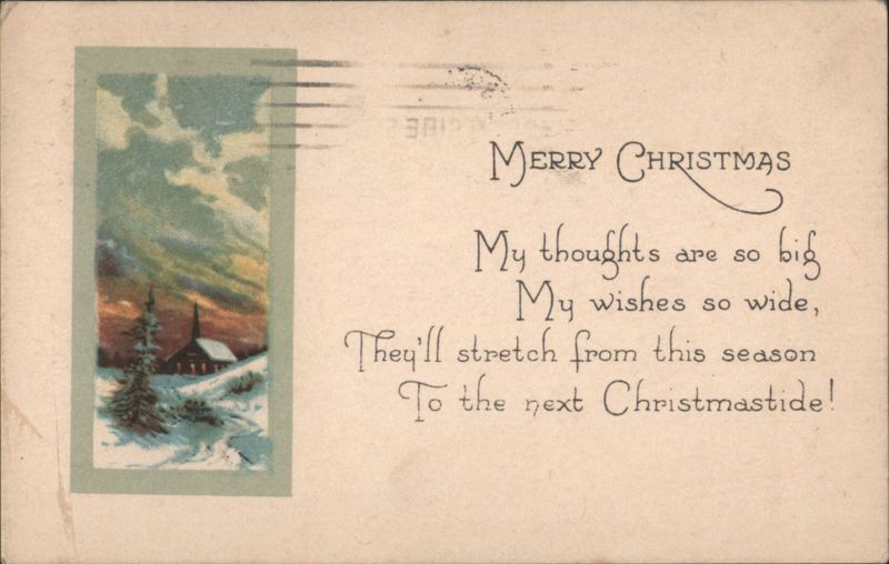 Christmas Winter Scene with Church and Pine Trees