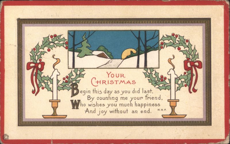 Your Christmas Greeting with Winter Scene, Holly Wreaths & Candles