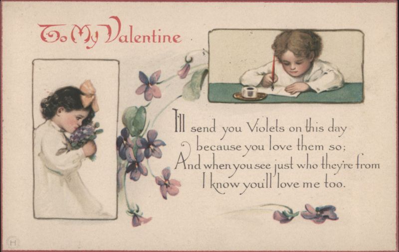Valentine's Day Children with Violets and Poem