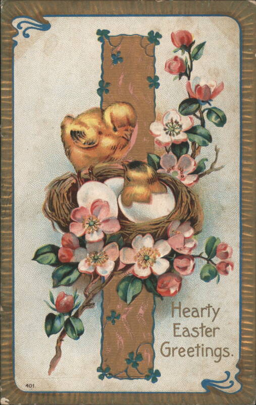 Chicks in Nest with Eggs and Flowers, Hearty Easter Greetings