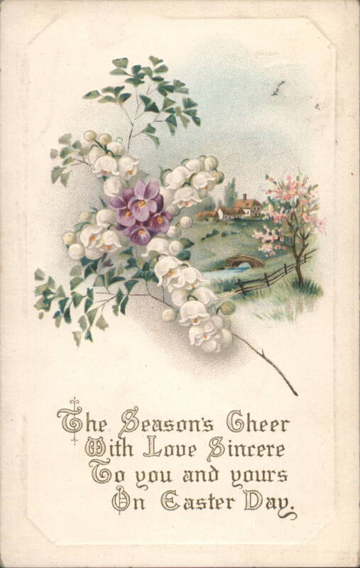 Easter Greeting with Flowers and Village Scene, 'The Season's Cheer'