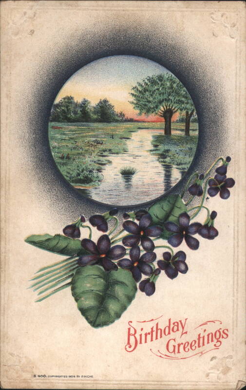 Birthday Greetings with Violets and Sunset Landscape Vignette