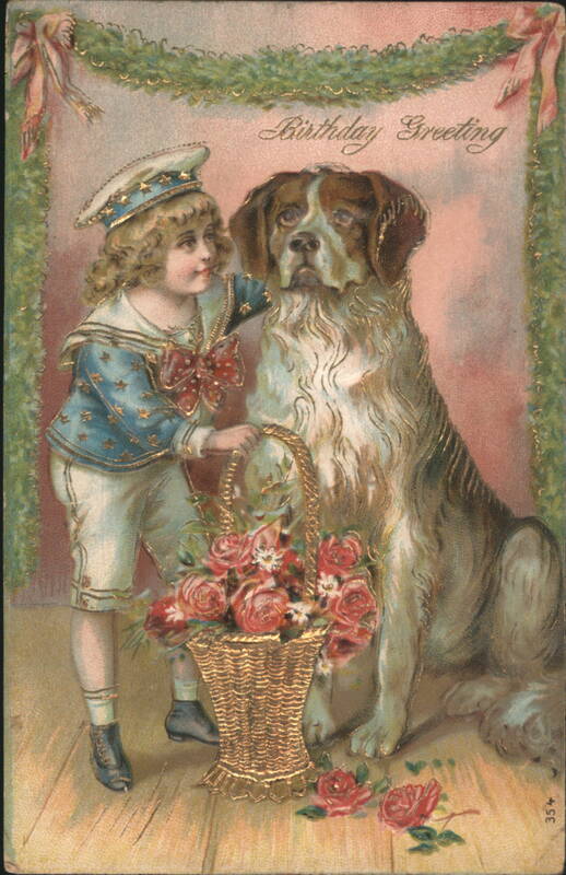 Birthday Greeting: Boy in Sailor Suit with Saint Bernard Dog and Roses
