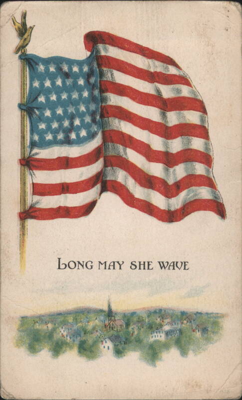 American Flag Waving with Bird and Town Scene, Long May She Wave
