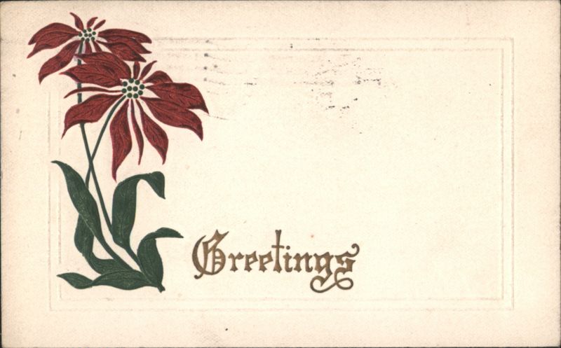Red Poinsettia Flowers with 'Greetings' Script