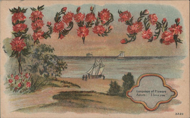 Coastal Scene with Sailboats, Beach, and Language of Flowers Message