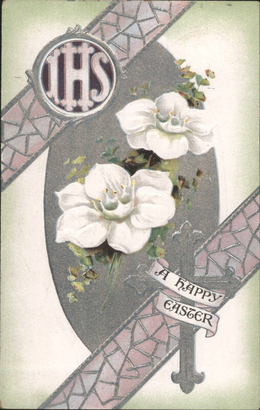 Happy Easter Greeting with IHS Monogram, Cross, and White Flowers