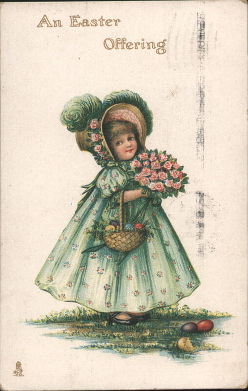 Easter Offering Girl with Roses and Basket of Eggs
