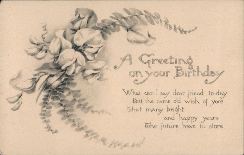 Birthday Greeting with Sweet Peas and Ferns Illustration