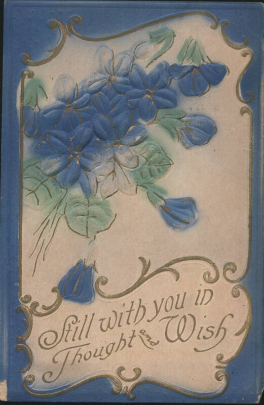 Embossed Blue Flowers with Gold Scrollwork and 'Still with you in Thought and Wish' Greeting