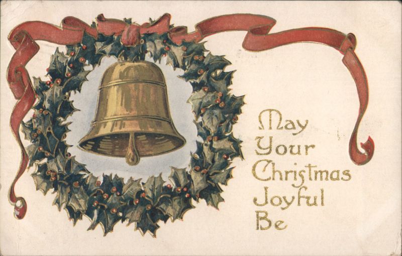 Christmas Wreath with Bell and Red Ribbon, 'May Your Christmas Joyful Be'