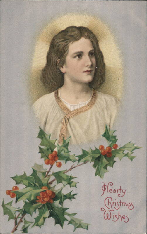 Young Jesus Christ with Halo and Holly, Hearty Christmas Wishes