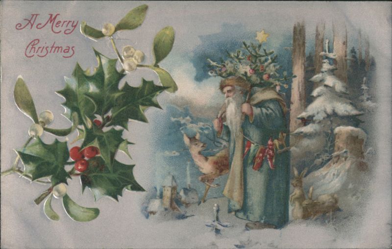 A Merry Christmas Santa Claus with Deer and Christmas Tree