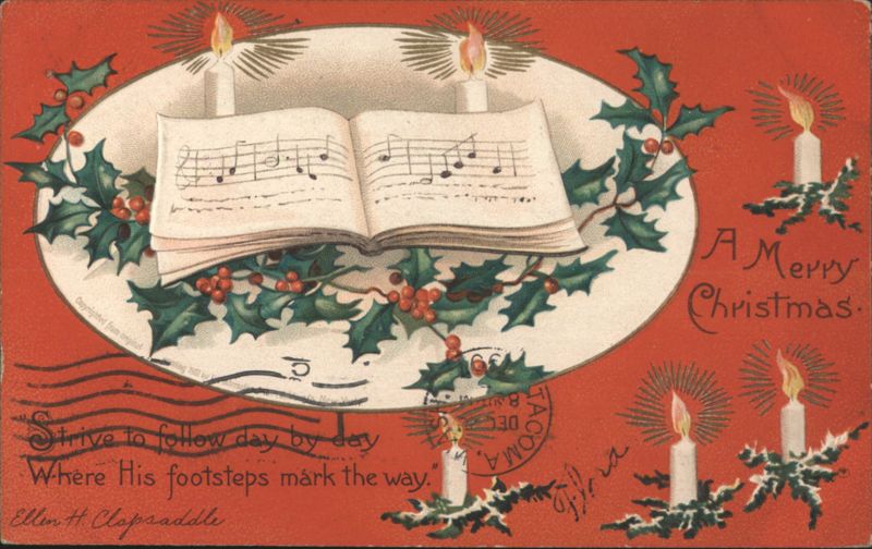Christmas Music Book, Candles, Holly, Ellen H. Clapsaddle