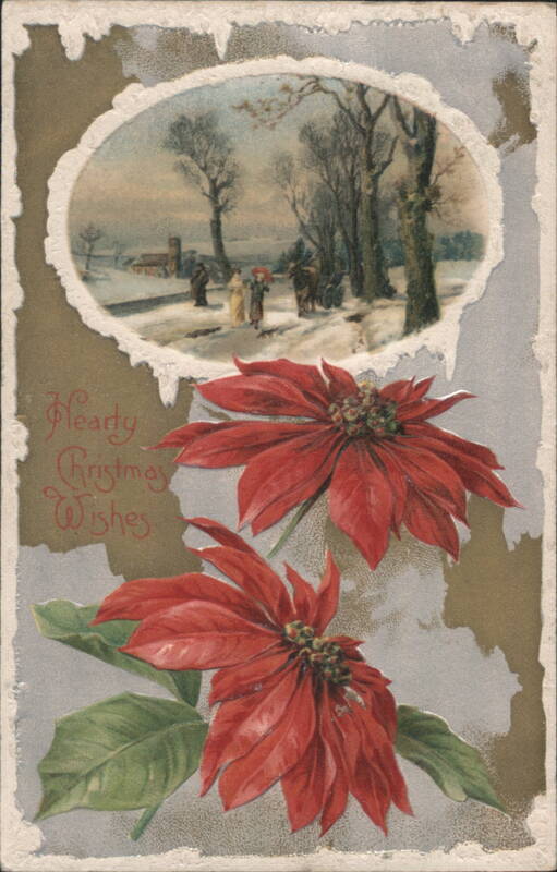 Christmas Poinsettias and Snowy Winter Scene with Hearty Christmas Wishes