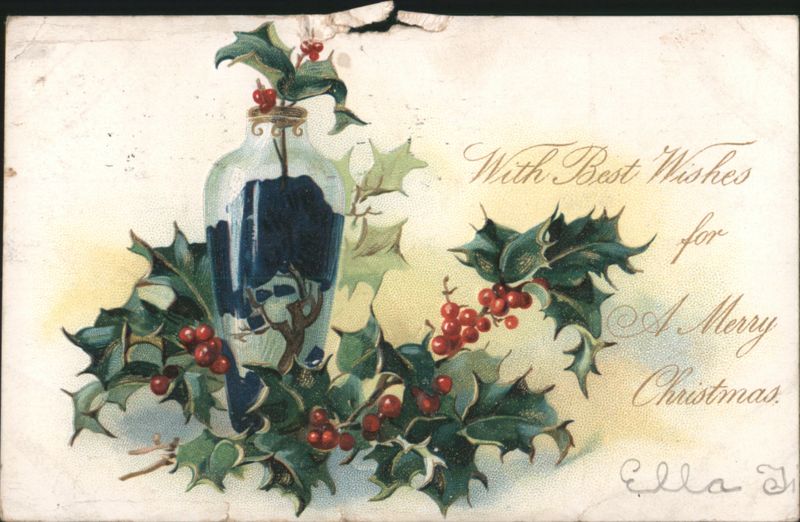 Christmas Holly and Berries with Blue Vase Greeting
