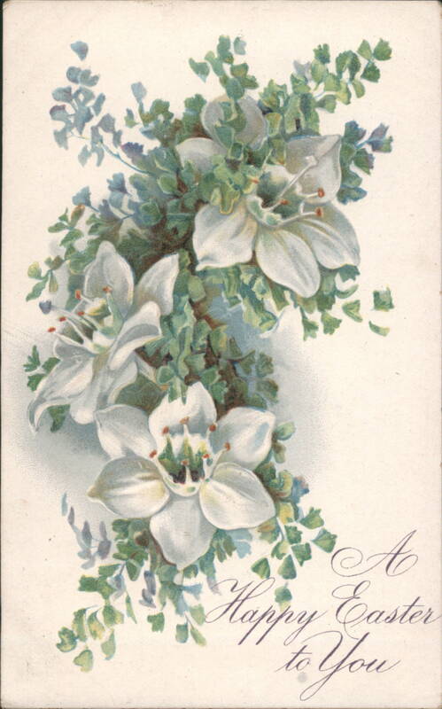 Easter Greeting with White Flowers and Ferns