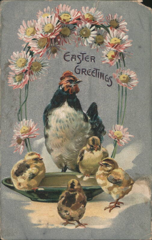 Easter Greetings, Hen with Five Chicks and Flower Wreath