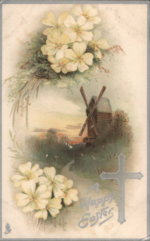 A Happy Easter Greeting with Windmill, Primroses, and Silver Cross