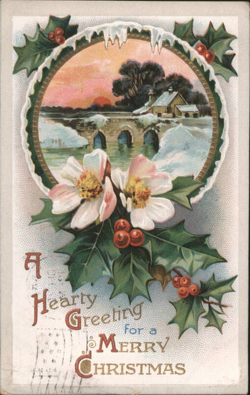 Christmas Greeting with Snowy Bridge, House, and Holly Wreath