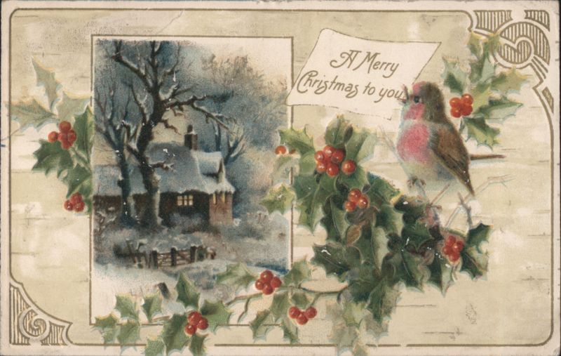 Christmas Robin on Holly with Snowy House and 'A Merry Christmas to you'