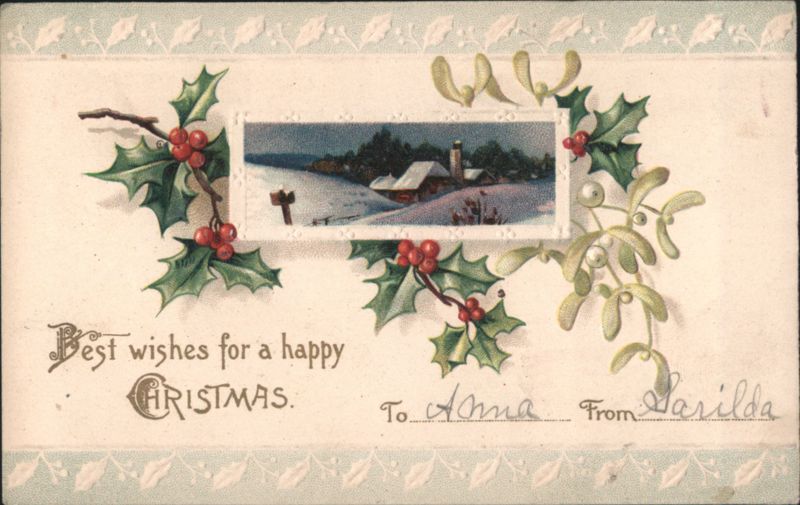 Christmas Greetings Winter Village Scene Holly Mistletoe