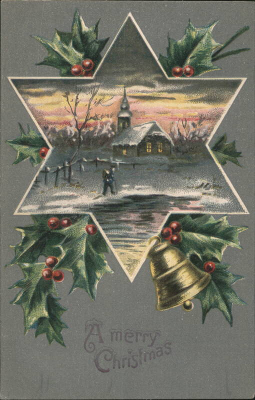 Winter Church Scene in Star Frame with Holly & Bell, A Merry Christmas
