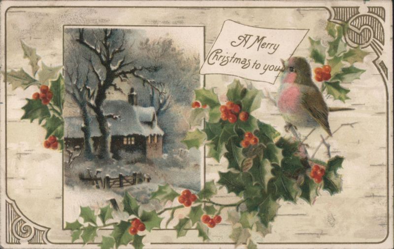 Merry Christmas Winter Scene with Robin, Holly, and Snow-Covered House