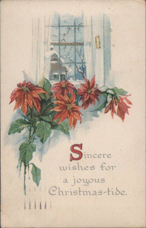 Poinsettias in Snowy Window, Christmas-tide Greeting