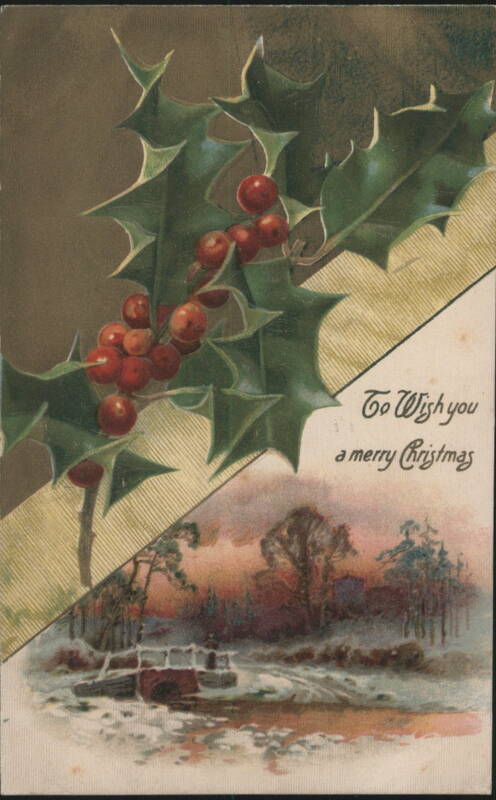 Merry Christmas Holly and Snowy Winter Landscape