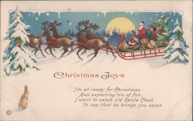 Santa Claus Sleigh with Reindeer Flying Over Snowy Landscape, Christmas Joys