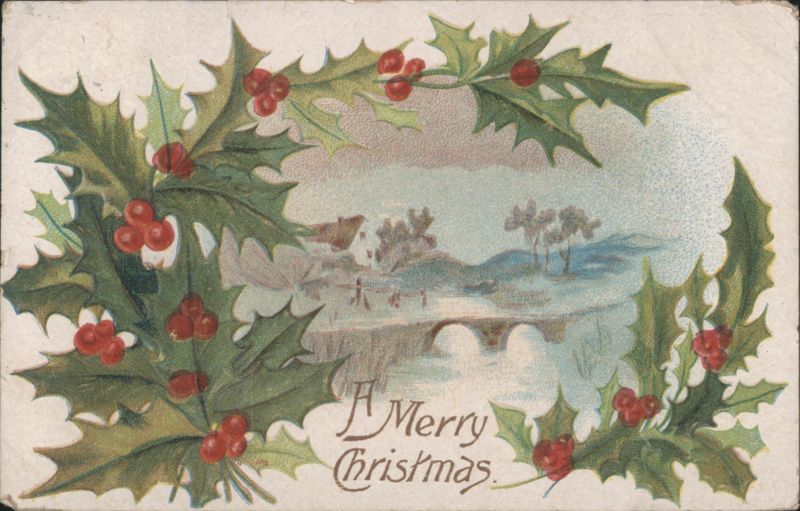 A Merry Christmas Greeting with Holly Border and Winter Village Scene