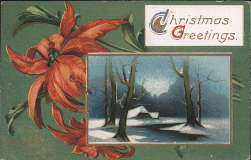 Christmas Greetings Poinsettia and Snowy Winter Cabin Scene