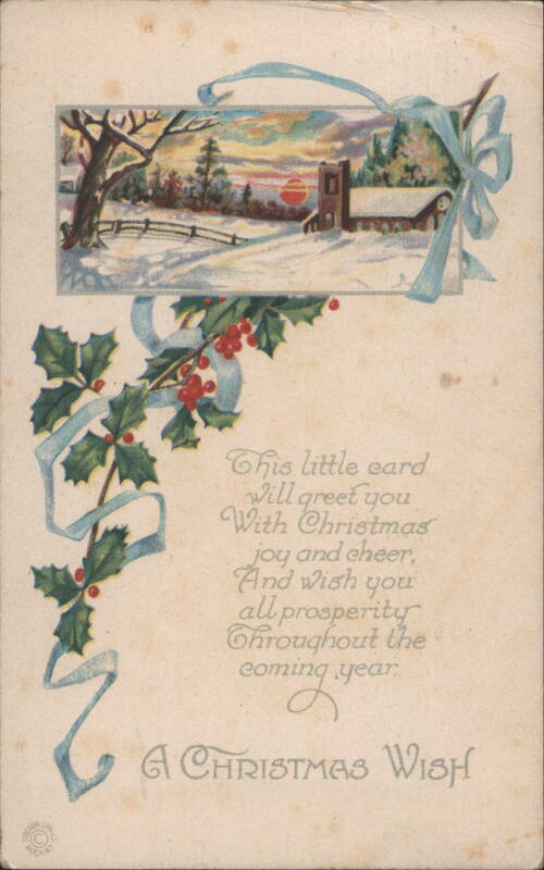 Christmas Wish Winter Scene with Church and Holly, Blue Ribbon Accent
