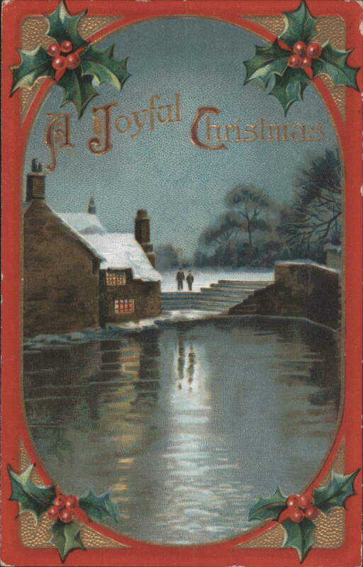 A Joyful Christmas Snowy Village by River with Holly Border