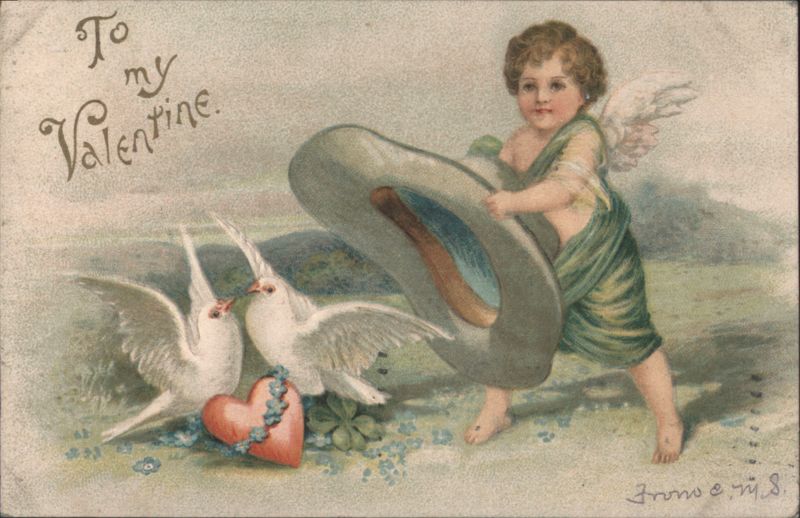 Cupid with Doves and Heart, 'To my Valentine' Frowne & M.S.