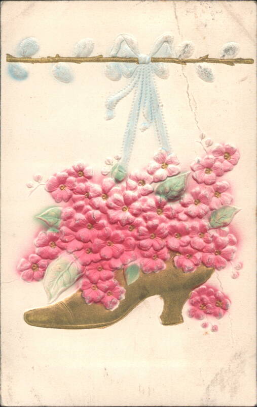 Embossed Pussy Willows, Pink Flowers, Golden Horn