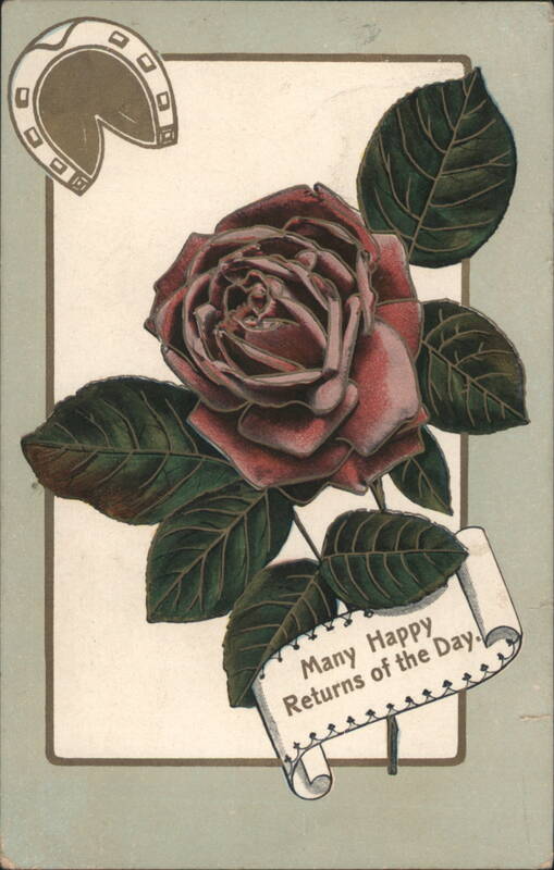Red Rose with Horseshoe and 'Many Happy Returns of the Day' Birthday Greeting