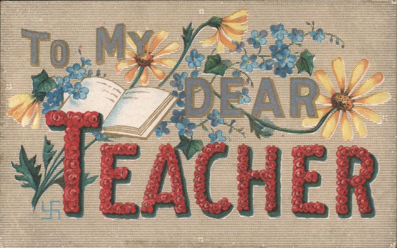 To My Dear Teacher with Roses, Forget-Me-Nots, and Open Book