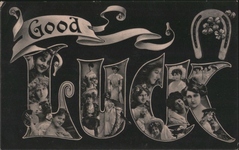 Good Luck Greeting with Women's Portraits and Horseshoe