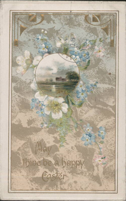 Easter Greeting with Forget-Me-Nots, White Flowers, and Landscape Vignette