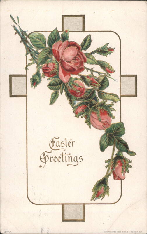 Easter Greetings with Red Roses and Buds Flowers