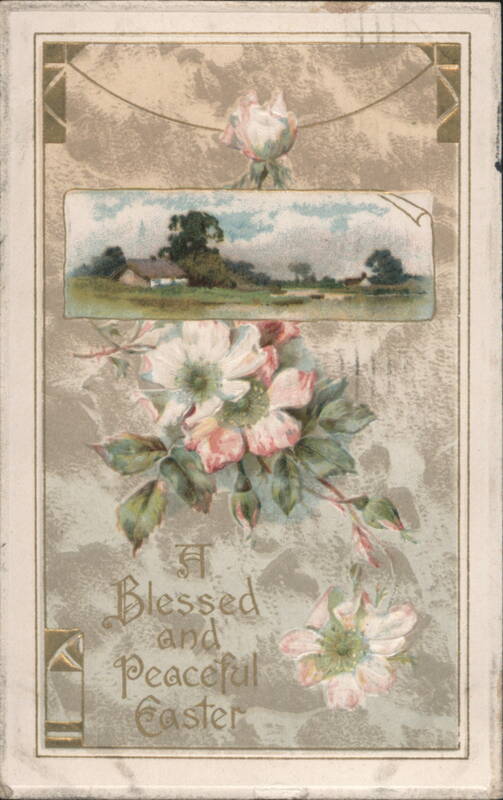 A Blessed and Peaceful Easter Rural Cottage Scene Pink Wild Roses Art Nouveau
