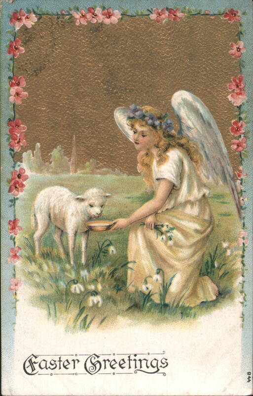 Easter Greetings Angel Feeding Lamb Gold Background Pink Floral Border