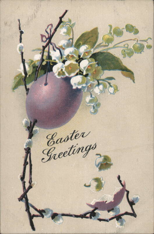 Easter Greetings Purple Egg Lily of the Valley Pussy Willows Illustration
