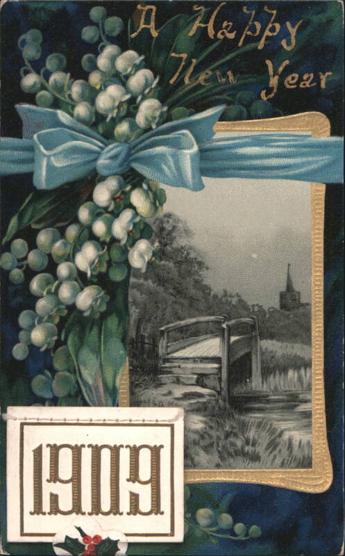 1909 New Year Greetings Lily of the Valley Blue Ribbon Church Scene