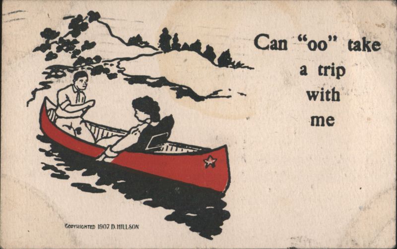 Can 'oo' take a trip with me - Couple in Red Canoe - D. Hillson Comic